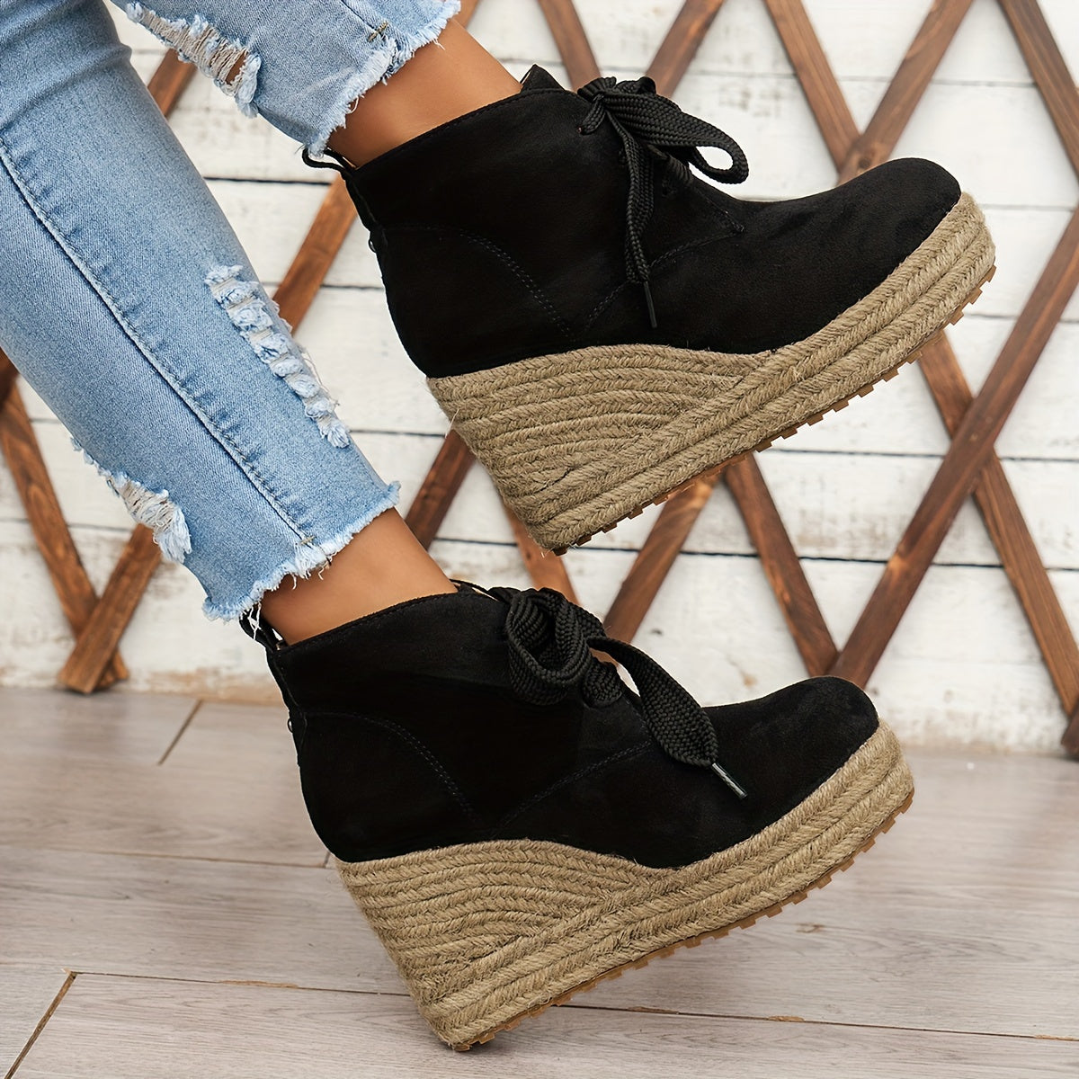 Women's Casual Lace-Up Ankle Boots with Woven Jute Platform Heel
