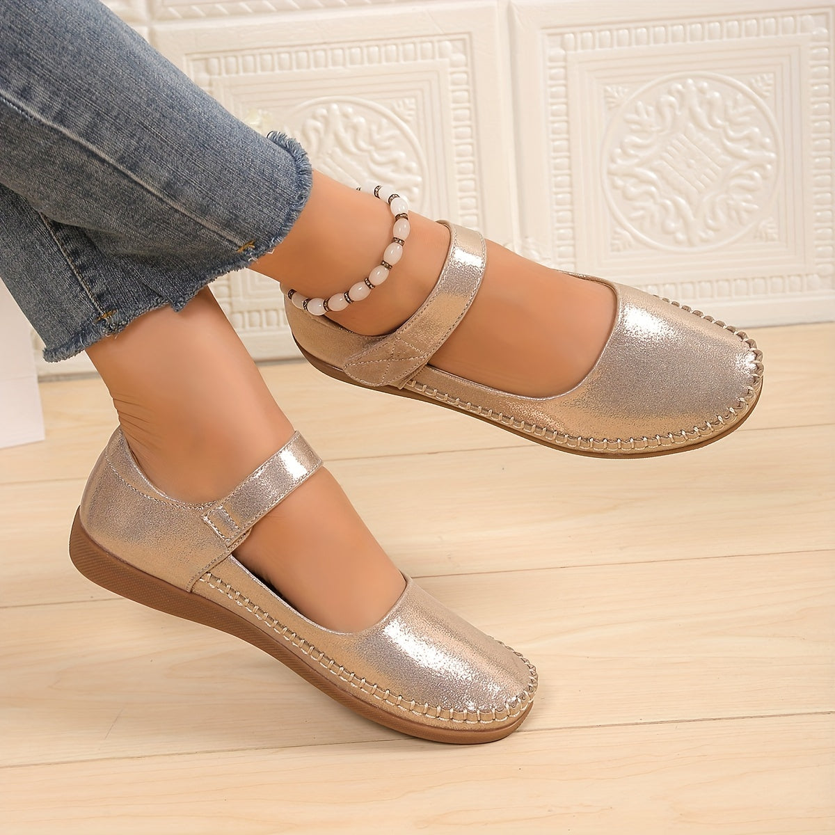Ladies Flat Shoes Lightweight Comfortable Round Toe Buckle Strap Casual