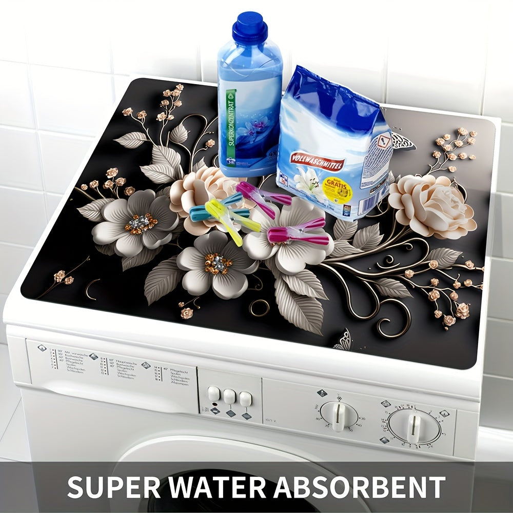 Black Floral Print Washing Machine Dust Cover Mat 50x60cm Quick-Dry Polyester