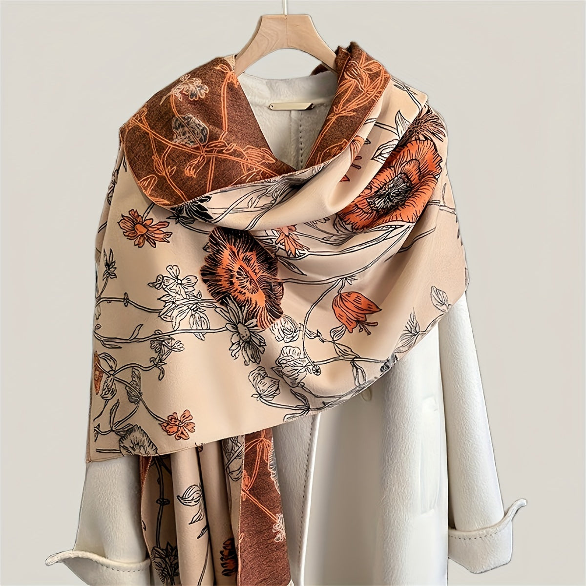 Women’s Warm Imitation Cashmere Scarf with Plant Print for Winter