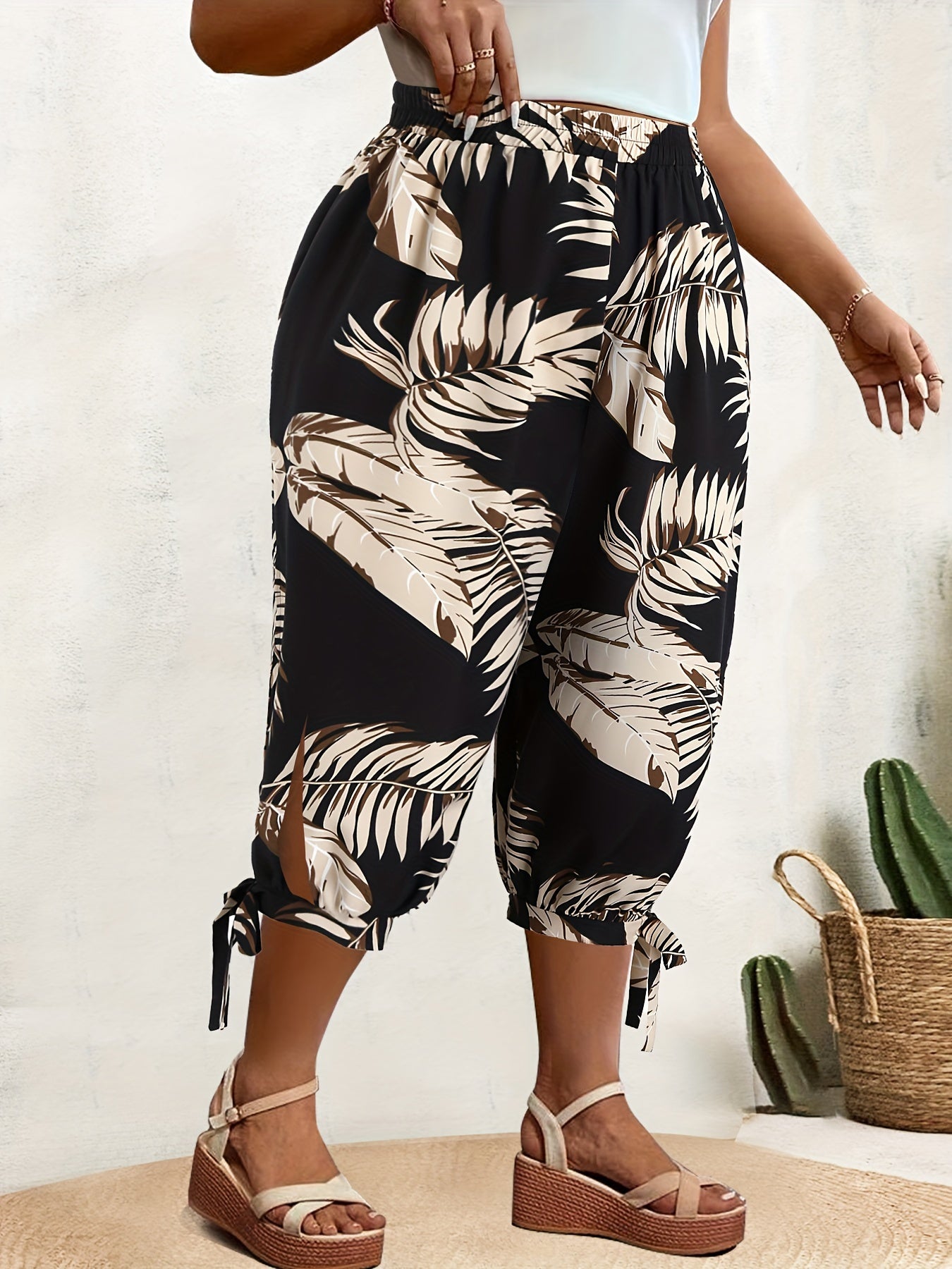 Women's Plus Size Floral Print Summer 3/4 Pants Adjustable Waist Breathable