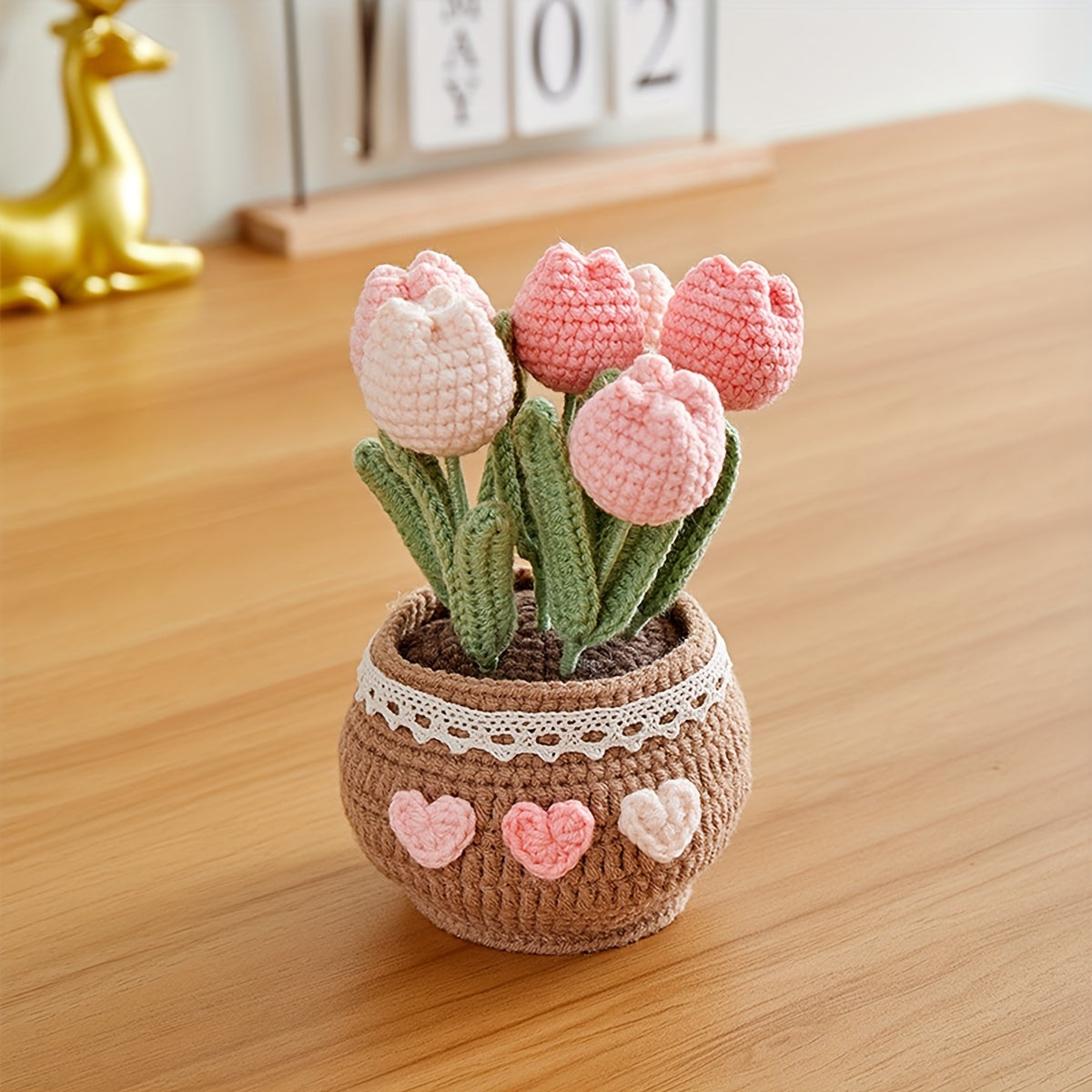 Handmade Crochet Tulip Bonsai Plant Decor Gift for Home Office Car