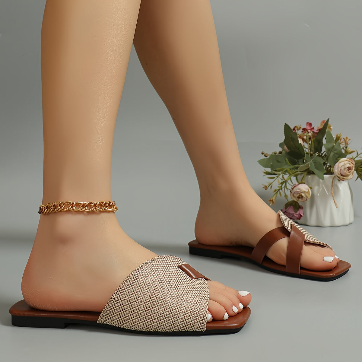 Women's Retro Flat Sandals Faux Leather Casual Slip-On Square Toe