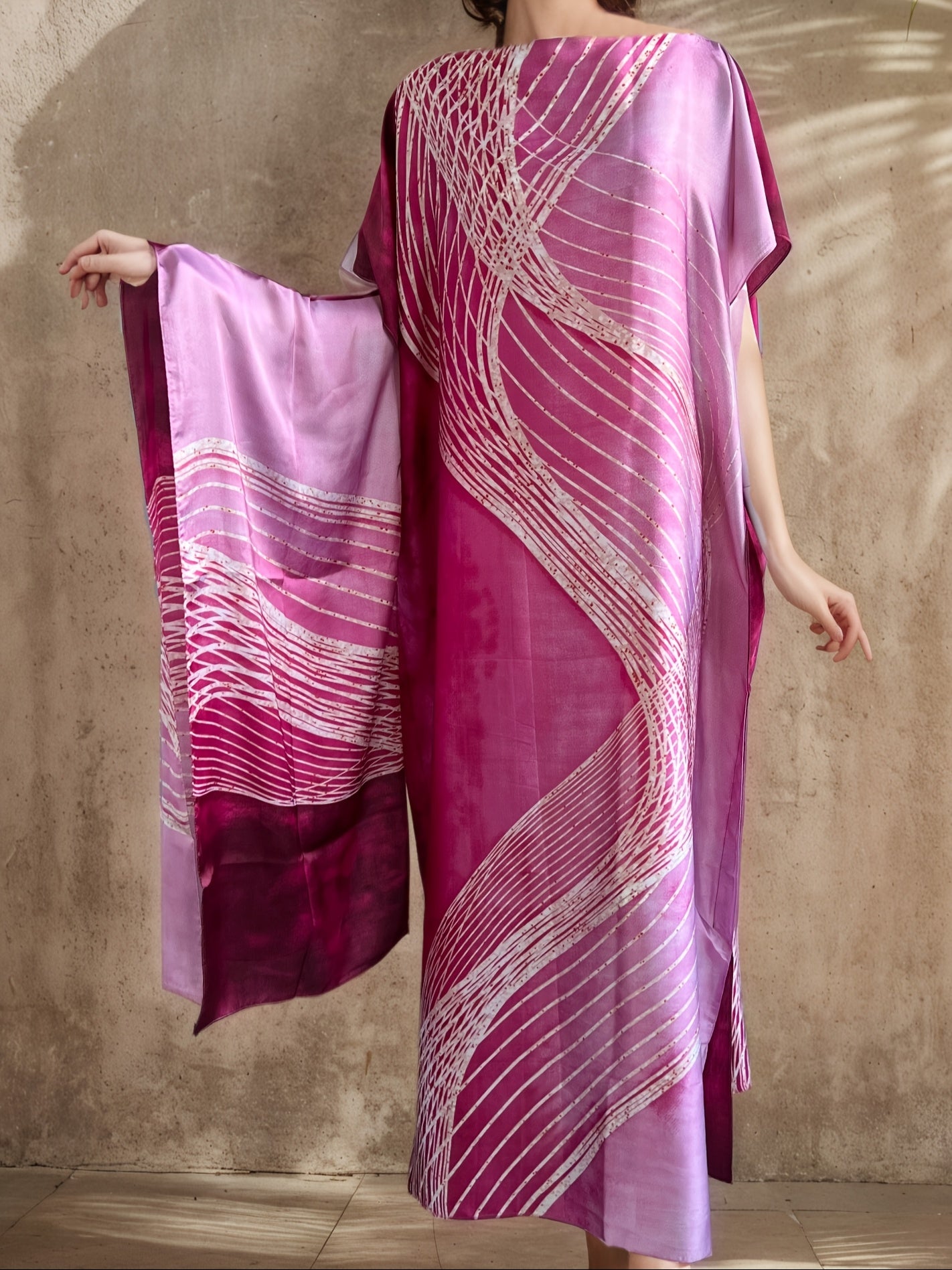 Plus Size Women's Pink Gold Abstract Print Batwing Sleeve Dress with Scarf