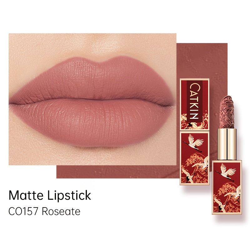 Red Carving Matte Lipstick Waterproof Long-Lasting Satin Finish for Smooth Red and Nude Lips