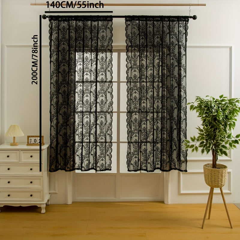 Black Lace Curtain for Bedroom Living Room Kitchen Office with Rod Pocket