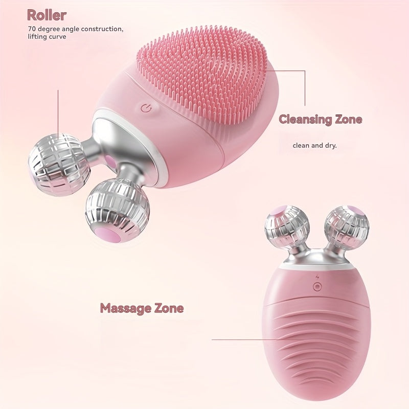 Electric Silicone Facial Cleansing Device Dual Roller 5-Speed Vibration Rechargeable