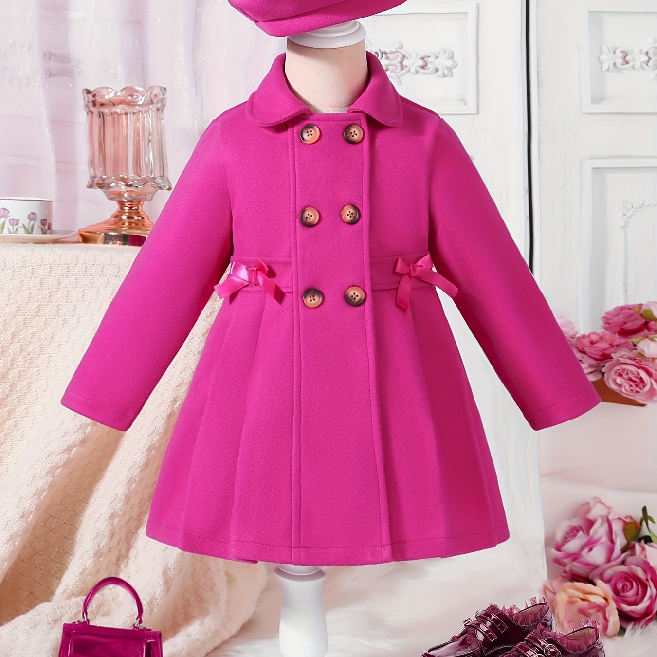 Girls Casual Polyester Trench Coat with Lapel Collar Double-Breasted Bow and Hat