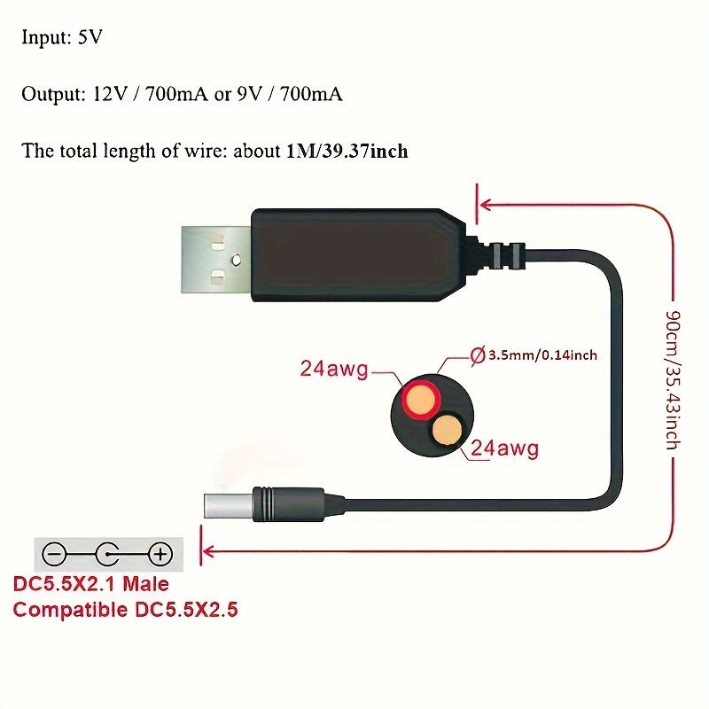 Cable convertidor de línea de aumento de potencia USB de 5V a 5V/9V/12V para enrutador y dispositivos