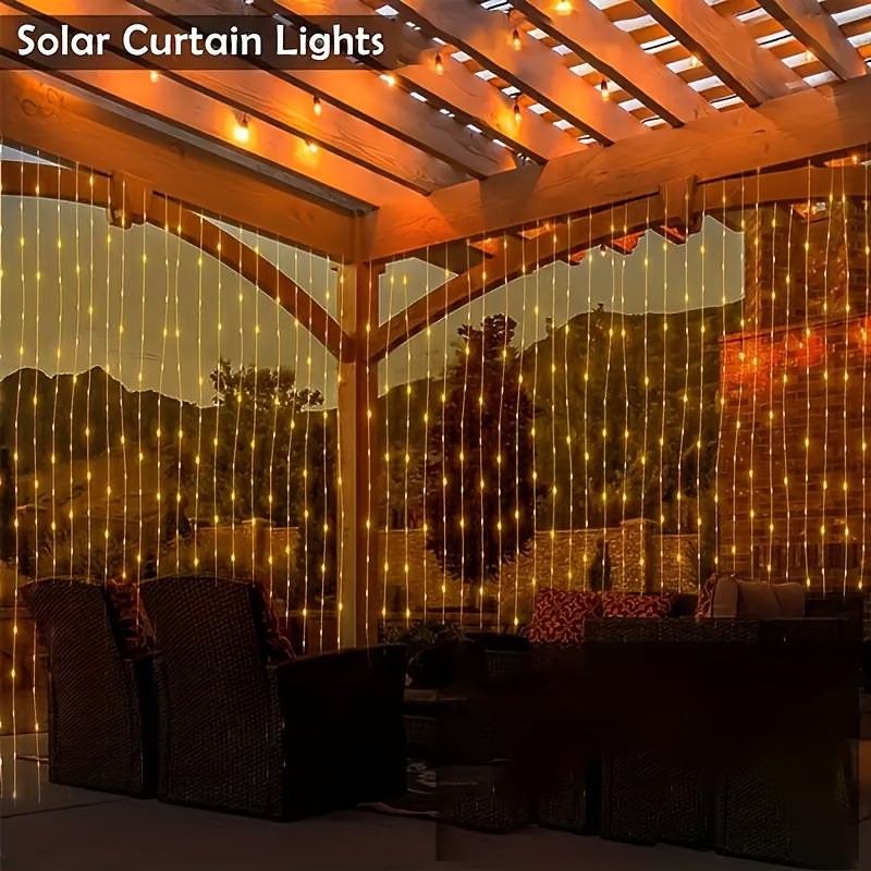 Solar-Powered LED Curtain String Lights with 8 Modes for Weddings Gardens and Celebrations