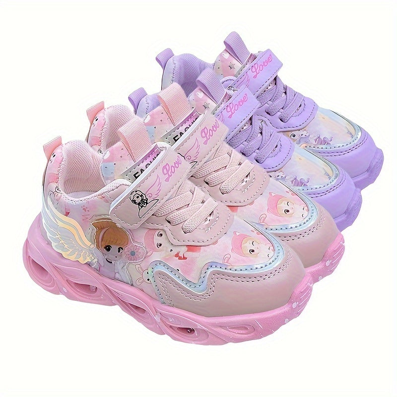 Girls' Glow-in-the-Dark Princess Sneakers with LED Lights, Lightweight, Pink and Purple