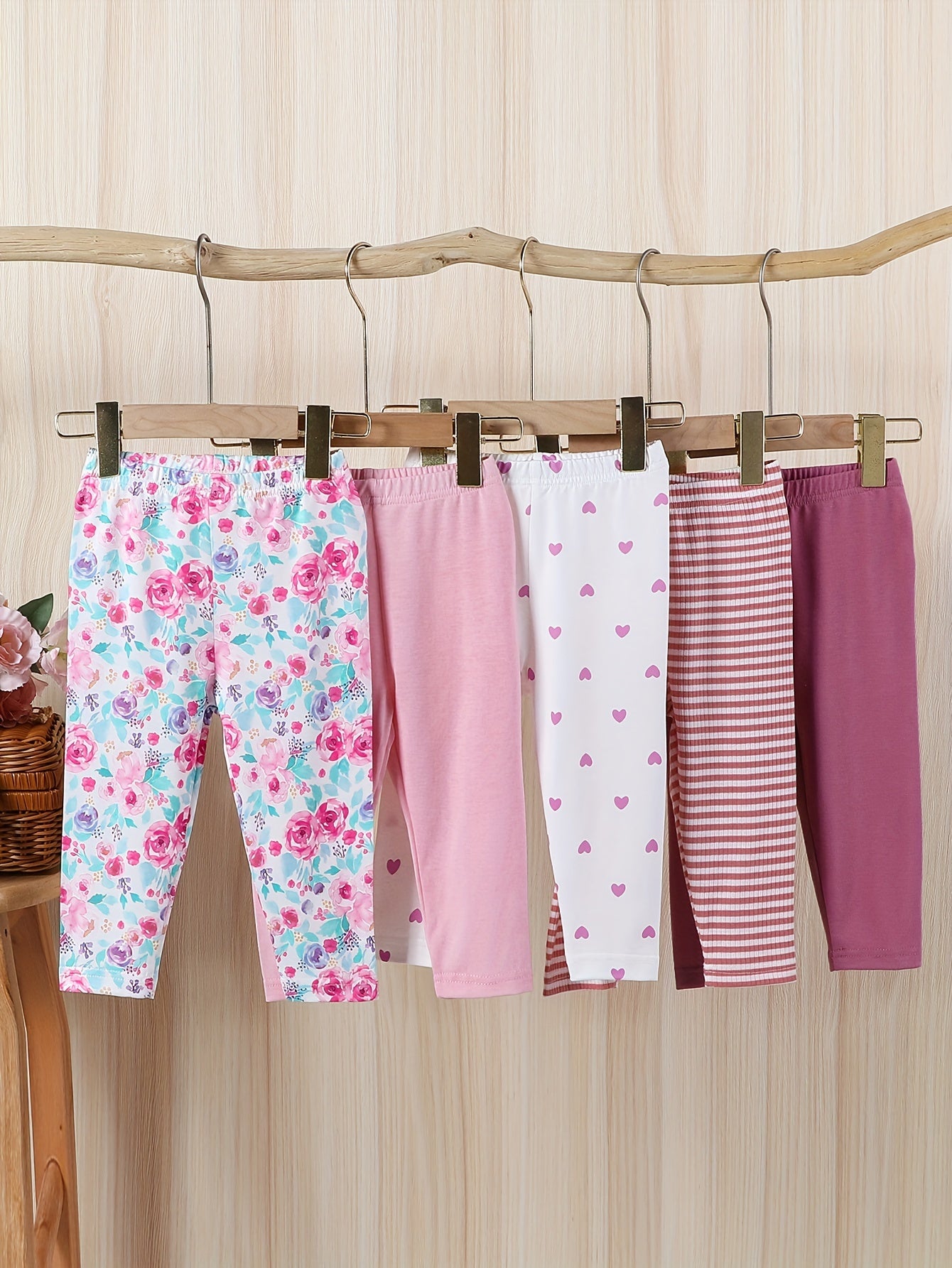 Girls' Knit Polyester Pants 5-Pack Floral Heart Striped Spring Fall Casual