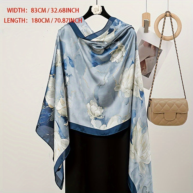 Women's Blue Big Flower Printed Scarf Shawl Satin Silk Feel Beach Towel for Outdoor Activities