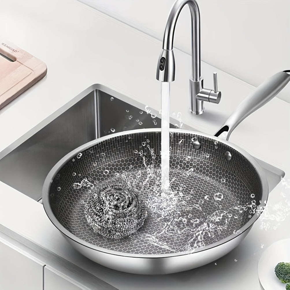 Sartén wok de acero inoxidable con tapa de vidrio, antiadherente, apta para inducción, gas, adecuada para huevos de pescado, filetes