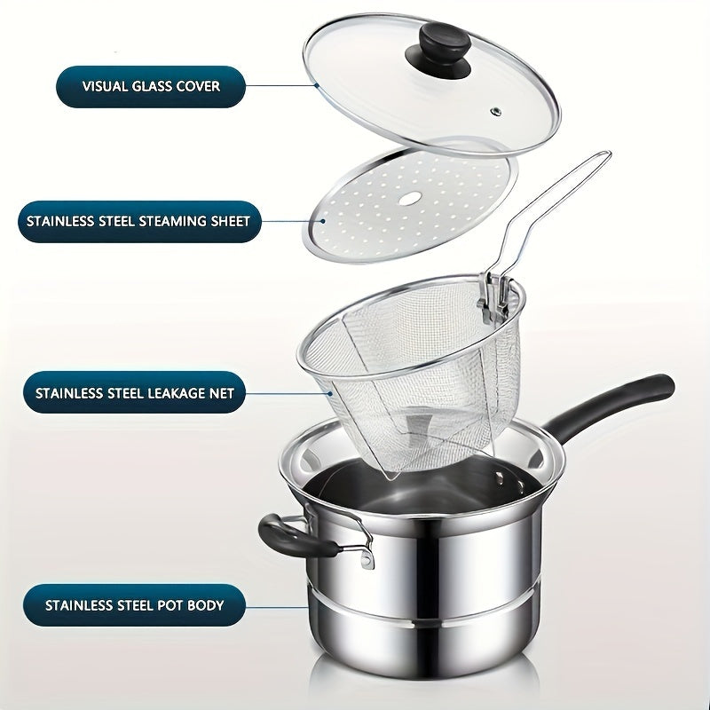 Sanbao Stainless Steel 3-in-1 Oshxona to'plami chuqur qovurish savat, bug'lantiruvchi qo'shimcha va ventilyatsiyali shisha qopqoqni o'z ichiga oladi, bu ko'p qirrali pishirish uchun.