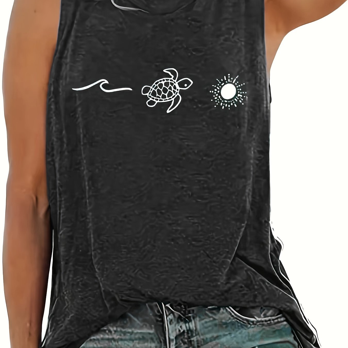 Plus Size Women's Cotton Turtle Neck Sun Print Tank Top