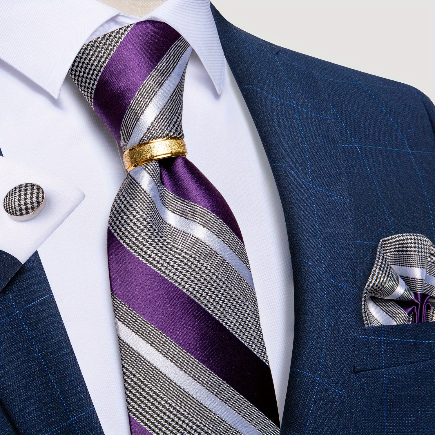 Men's Classic Striped Tie Set with Handkerchief Cufflinks and Ring for Business Formal Weddings