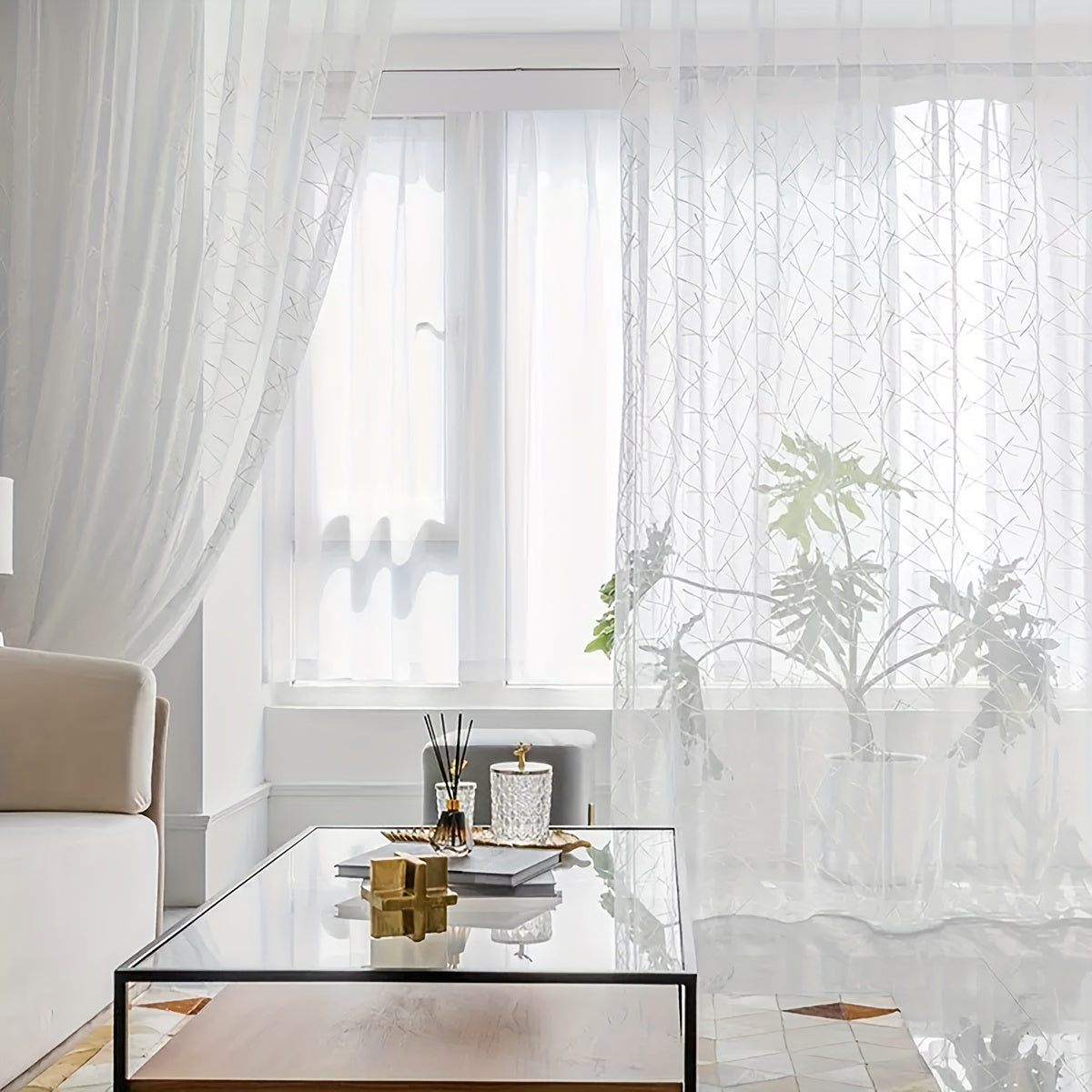 White Sheer Curtain with Geometric Design for Living Room and Bedroom