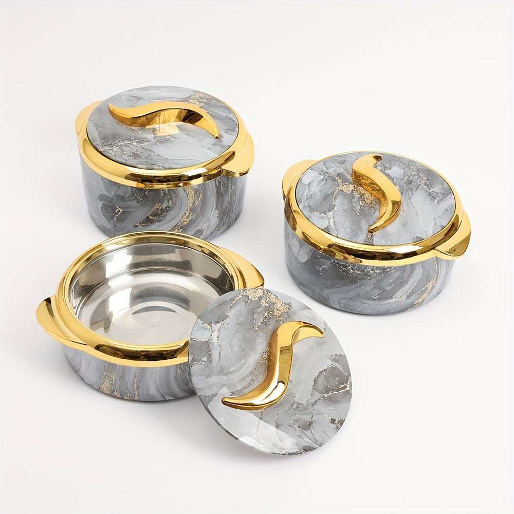 Food Warmer Set with Insulated Stainless Steel Containers 3-Piece White and Gold Marble