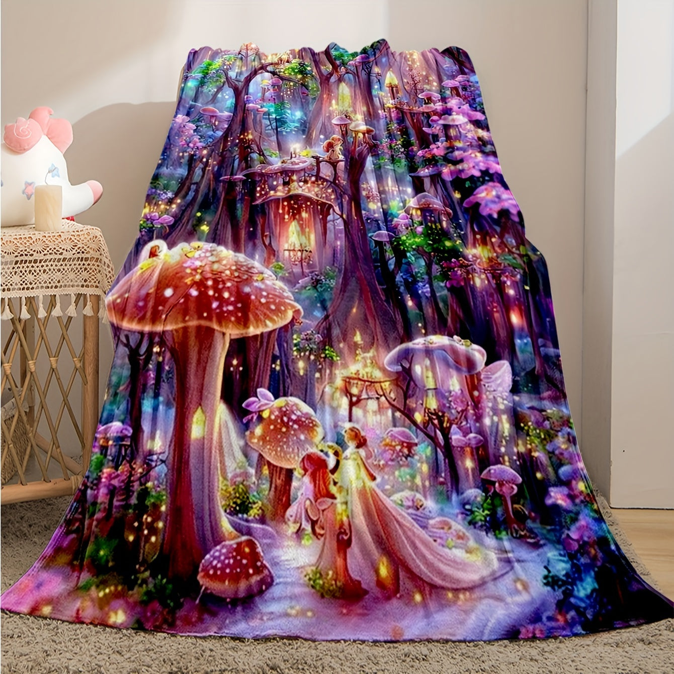 Reversible Floral Printed Throw Blanket All-Season Polyester Knit Bedding