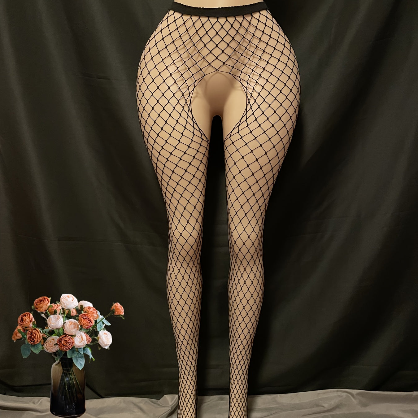 Women Crotchless Garter Stockings Fishnet Black High Waist Lingerie