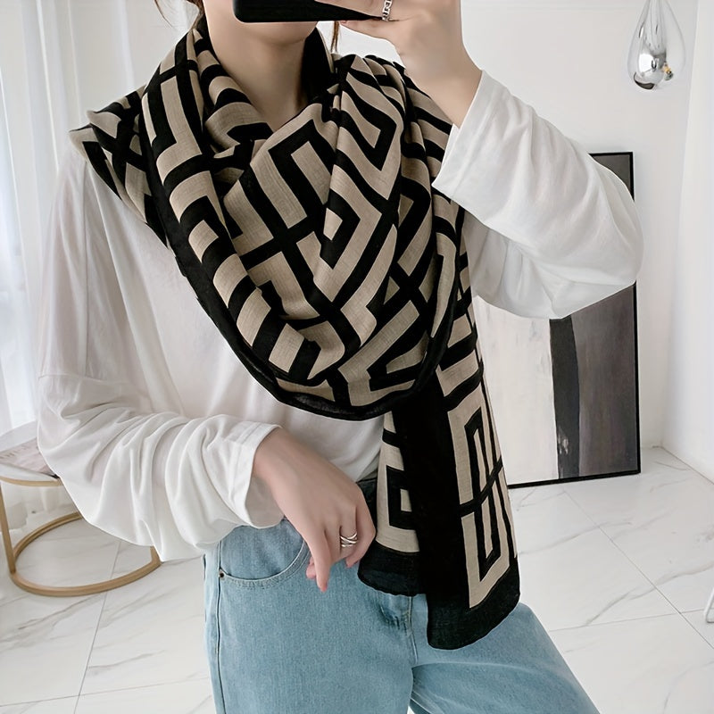 Women's Geometric Maze Scarf Breathable Lightweight Beige Black Sun Protection