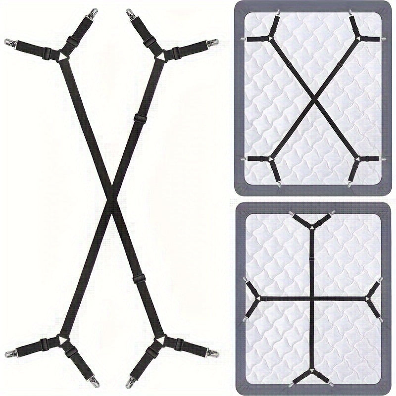 Adjustable Bed Sheet Holders Straps Black Nylon Elastic Crisscross Secure Fit