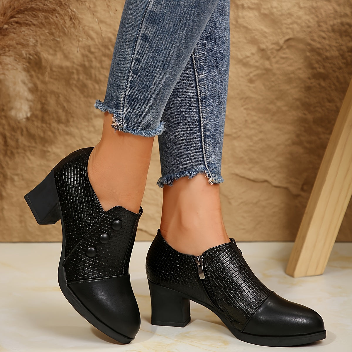 Women's Pointed-Toe Pumps with Chunky Heel and Side Zipper