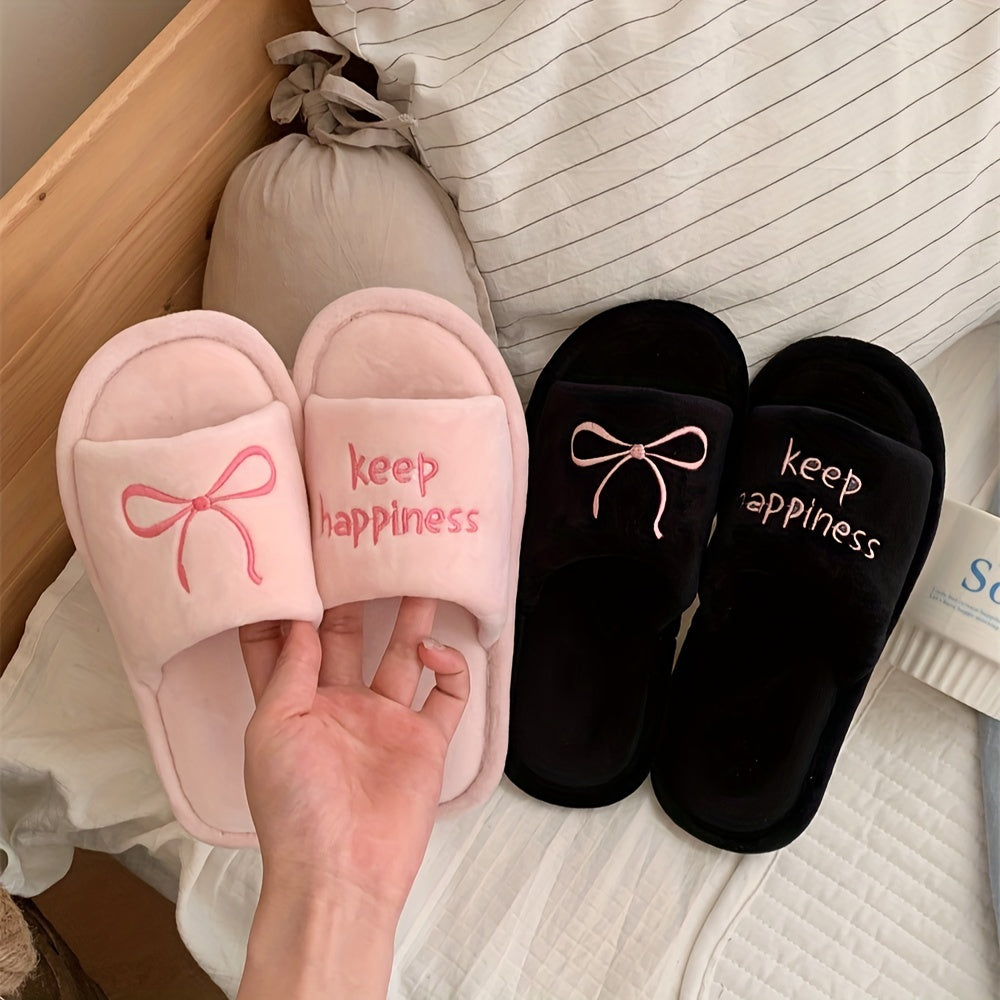 Women's Winter Slip-On Slippers Soft Fabric Indoor House Shoes in Black and Beige