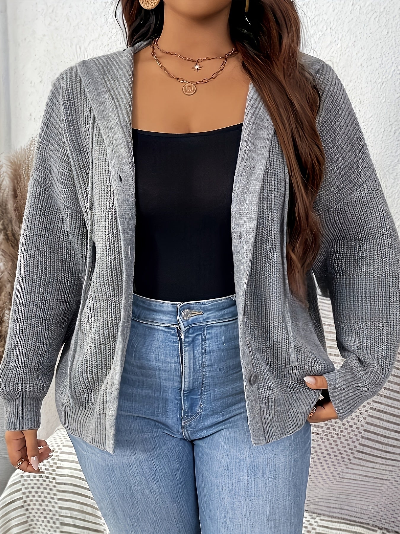 Heather Gray Hooded Knit Cardigan for Women Fall Winter Long Sleeve Drawstring
