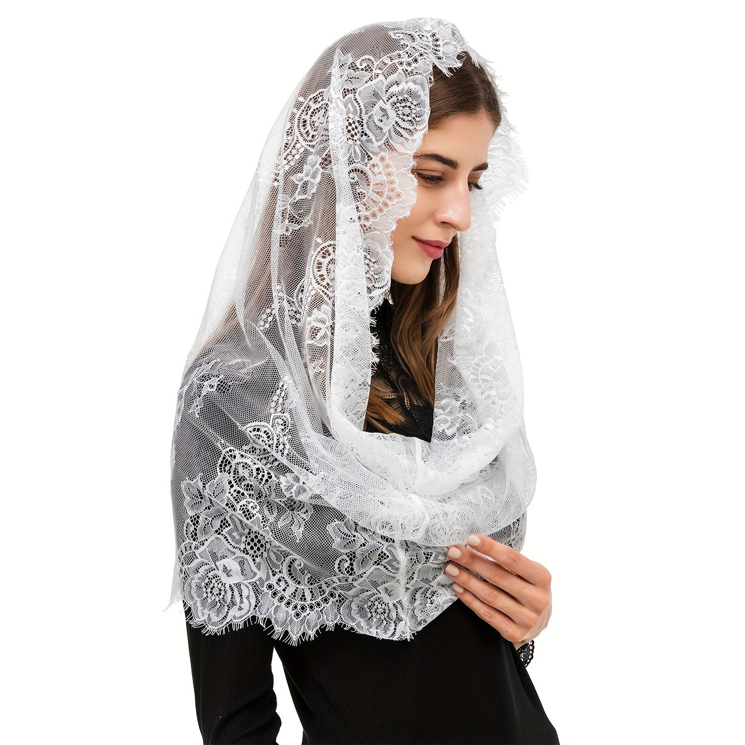 Lace Mantilla Veil with Vintage Style Infinity Shape for Latin Mass and Women