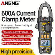 Clamp Meter with 6000 Counts for AC/DC Voltage, 600A Current, Resistance and Capacitance