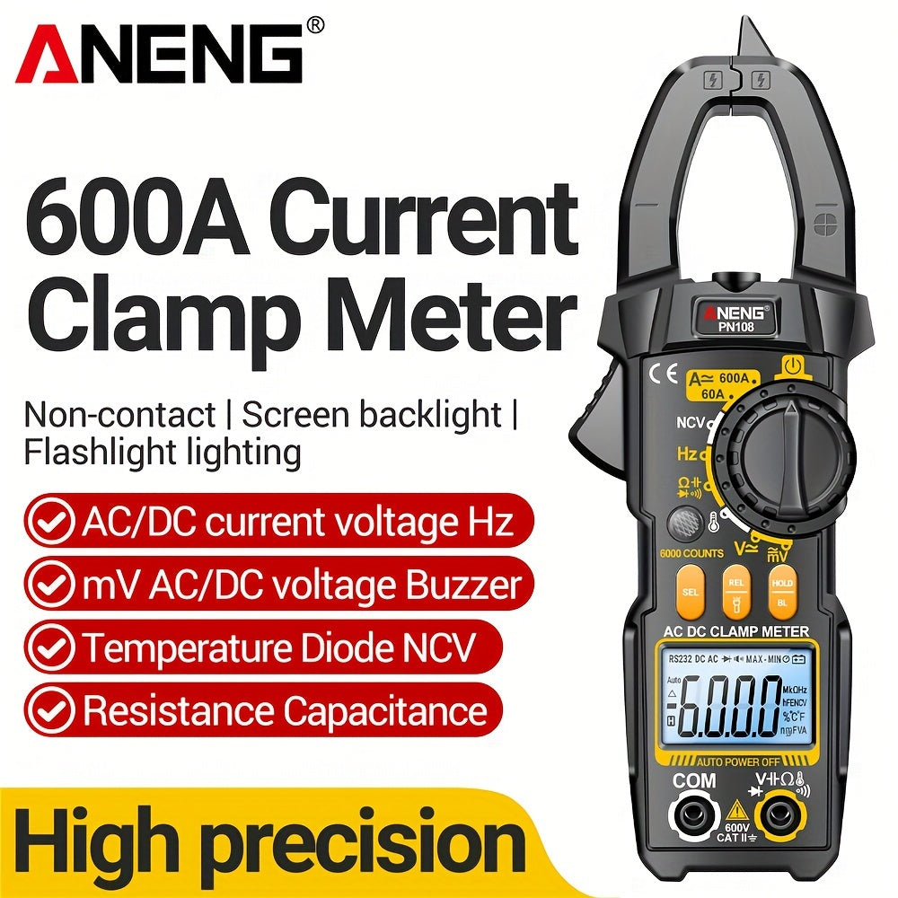 Clamp Meter with 6000 Counts for AC/DC Voltage, 600A Current, Resistance and Capacitance