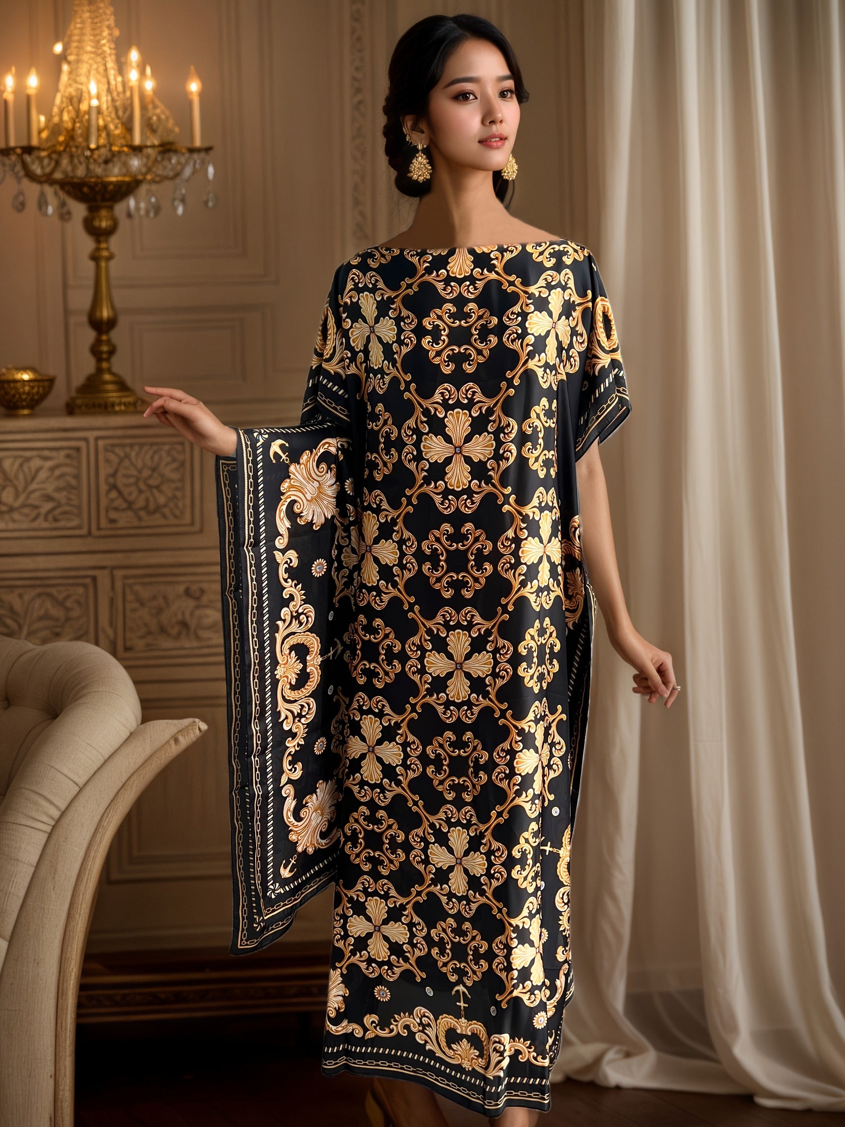 Ayollar uchun katta o'lchamda bosma maxi kiyim va sharf, barokko dizayni