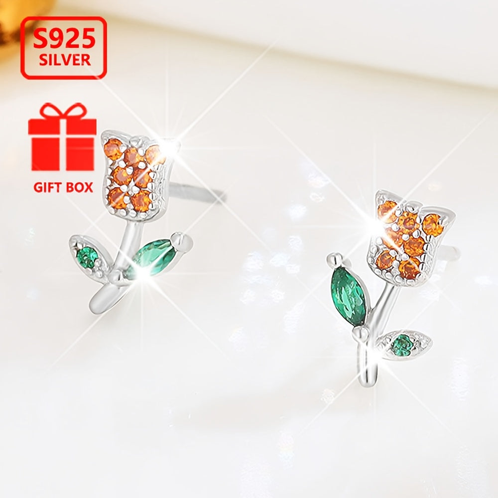 Удивительная пара серьг-гвоздиков в виде розы для женщин, изготовленных из 925-й стерлинговой серебра и украшенных сверкающим кубическим цирконием, идеально подходит для повседневной носки и в качестве подарка.