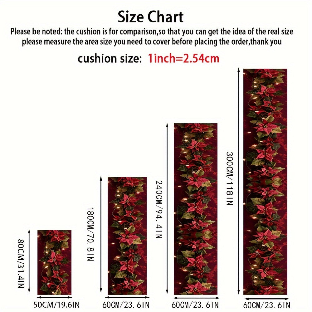 Yilning bayrami uchun Poinsettia naqshli uzun yuguruvchi gilam, 1 dona, polyesterdan tayyorlangan, sirpanmaydigan, dog'ga chidamli xususiyatlarga ega, mashinada yuviladigan gilam, uy partiyasi bezaklari yoki bayram sovg'asi uchun yumshoq va qulay pol mat.