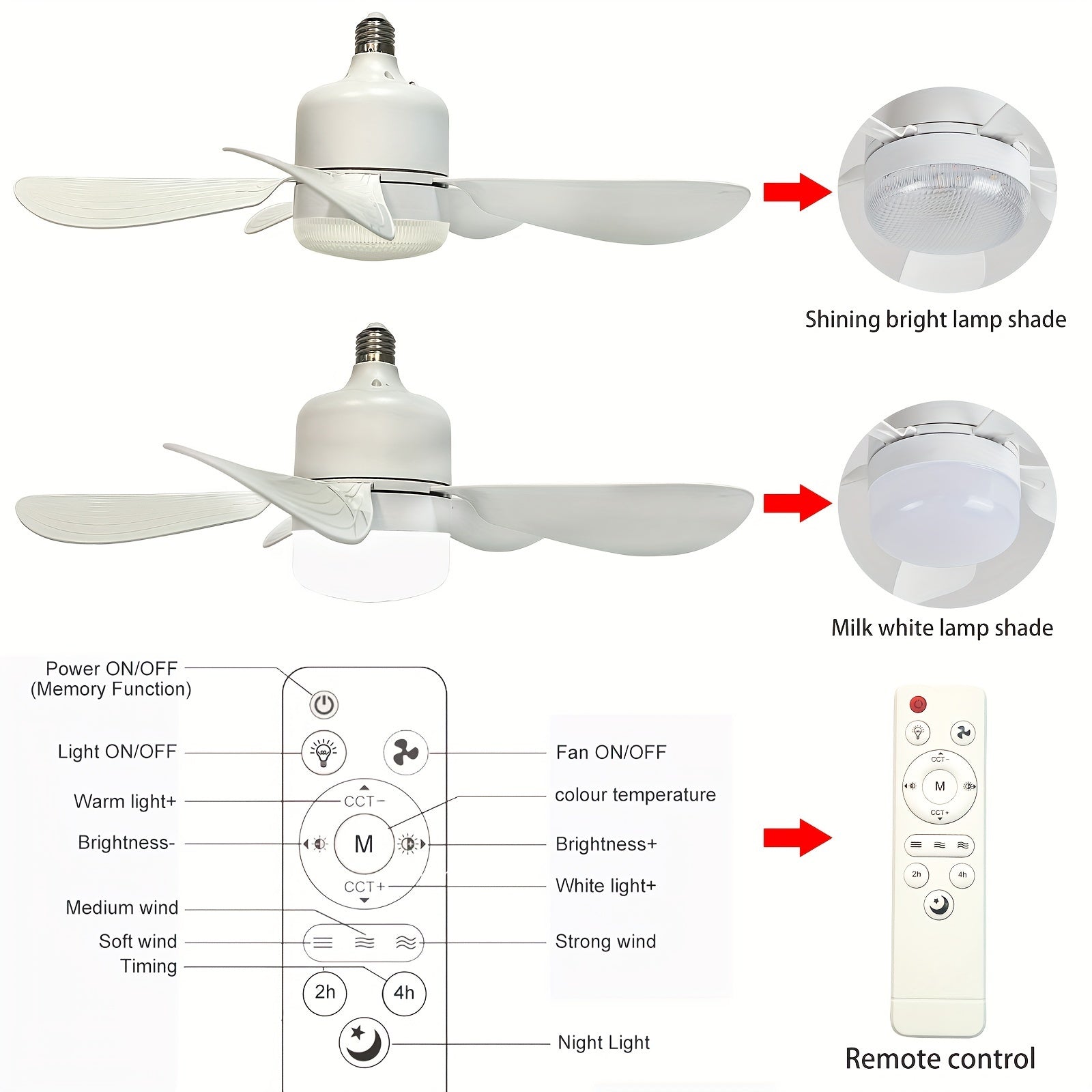 Silent LED Ceiling Fan with Light and Remote Control, Adjustable, E26/E27 Fittings