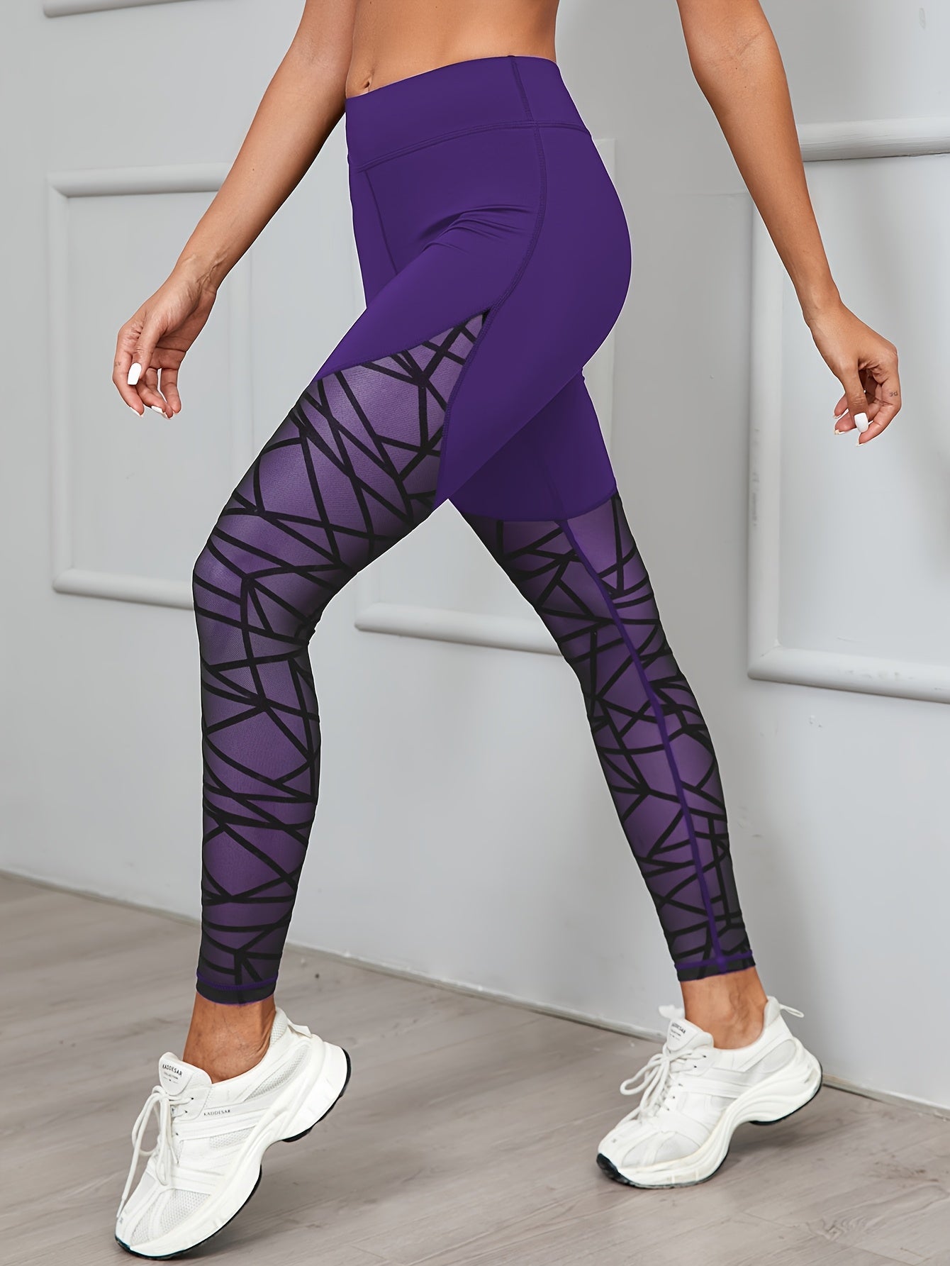 Women's High Waist Geometric Mesh Leggings for Yoga and Fitness Medium Stretch Polyester