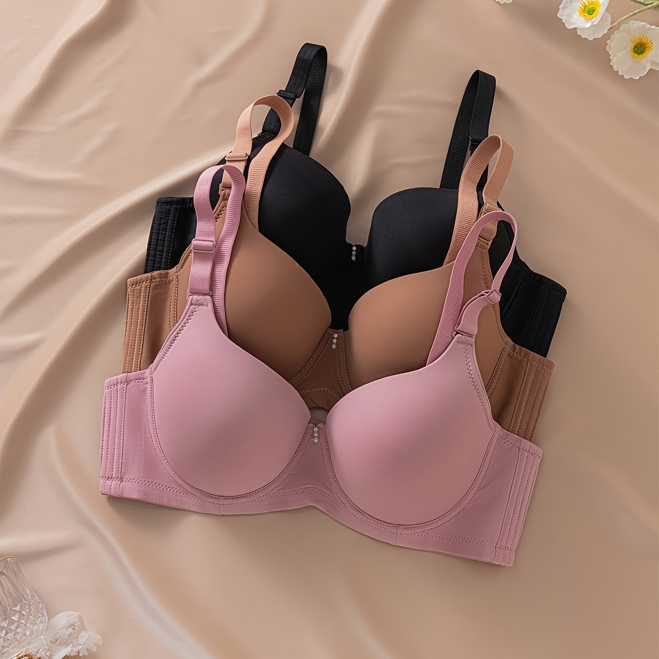 Pack de 3 sujetadores para mujer de tamaño grande, mate, sin marcas, con centro brillante y diamantes