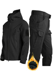 Men's Winter Outdoor Fleece Hooded Jacket and Pants Set with Pockets for Hiking Sports and Casual Wear