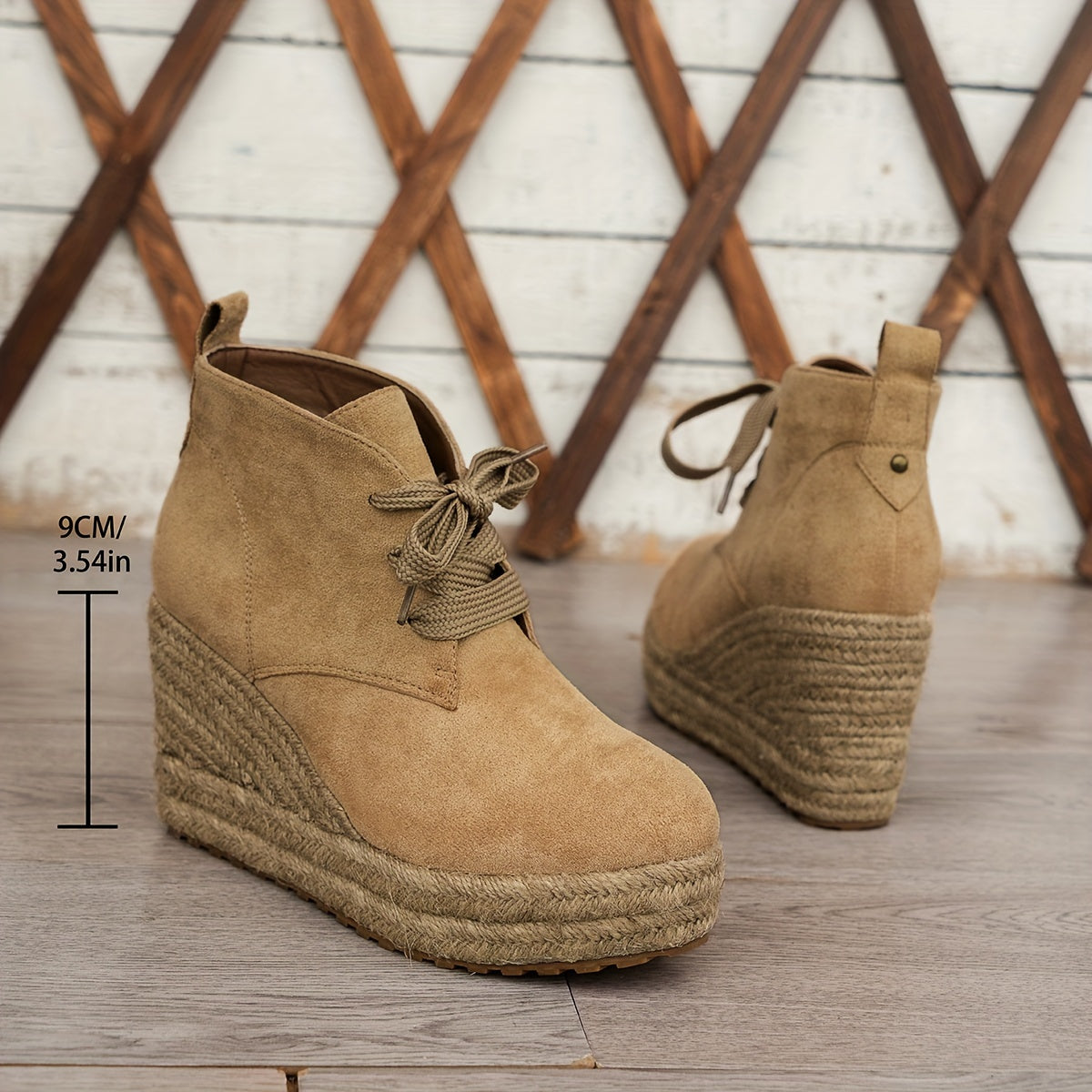 Women's Casual Lace-Up Ankle Boots with Woven Jute Platform Heel