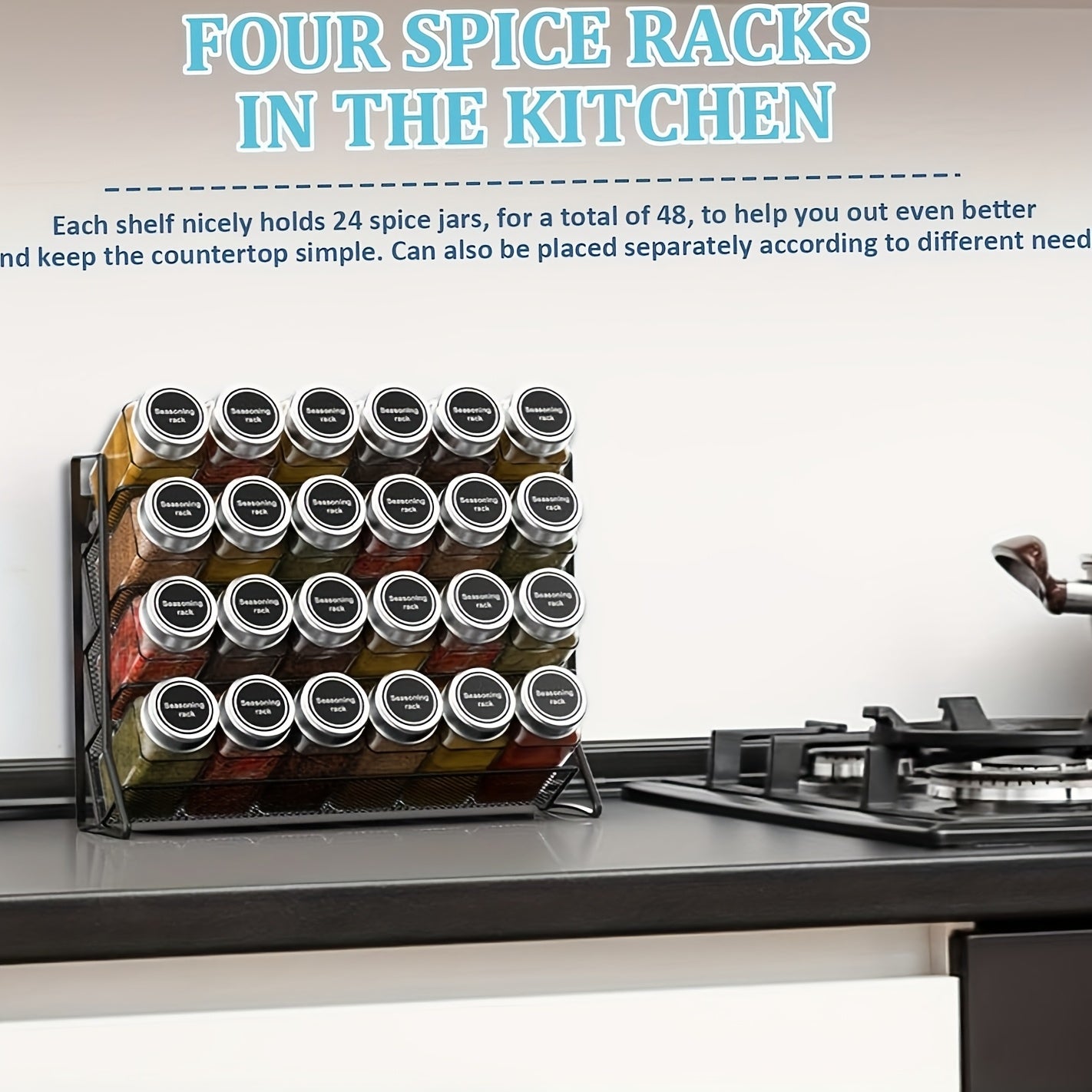 Devorga o'rnatiladigan oshxona ziravorlar qutisi, qora va kumush, 4 qavatli, 24 ta shisha uchun mo'ljallangan