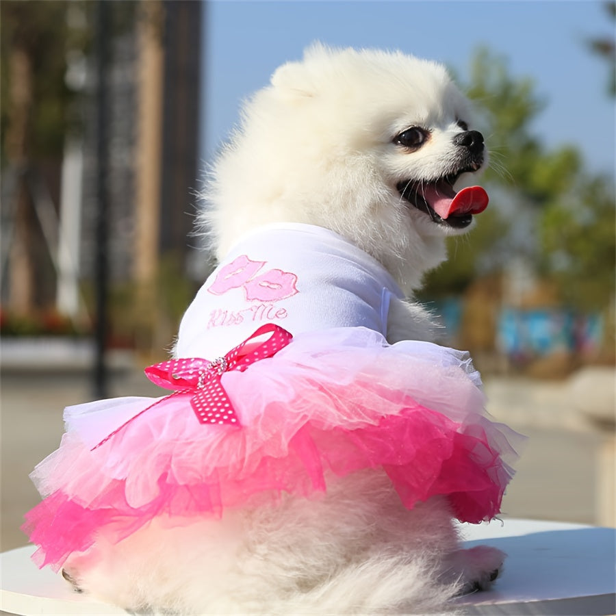 Pink and Blue Heart Lips Tulle Dog Dress for Small Breeds in Spring Summer Fall