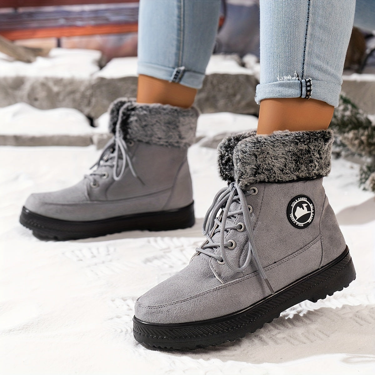 Ladies Winter Faux Leather Lace-Up Snow Boots Waterproof Anti-slip
