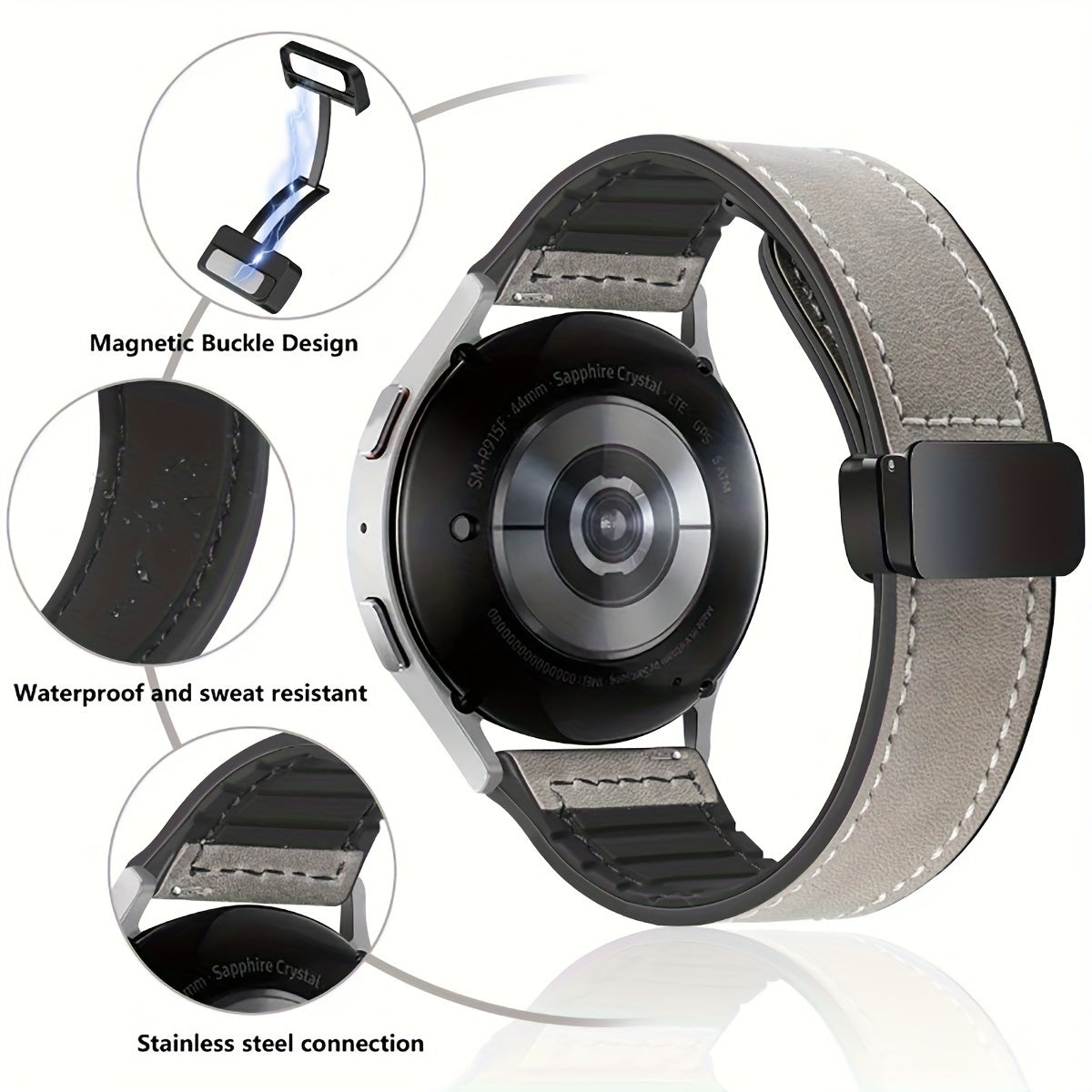 Faux Leather Watch Strap with Foldable Clasp for Galaxy, Huawei, Amazfit Smartwatches