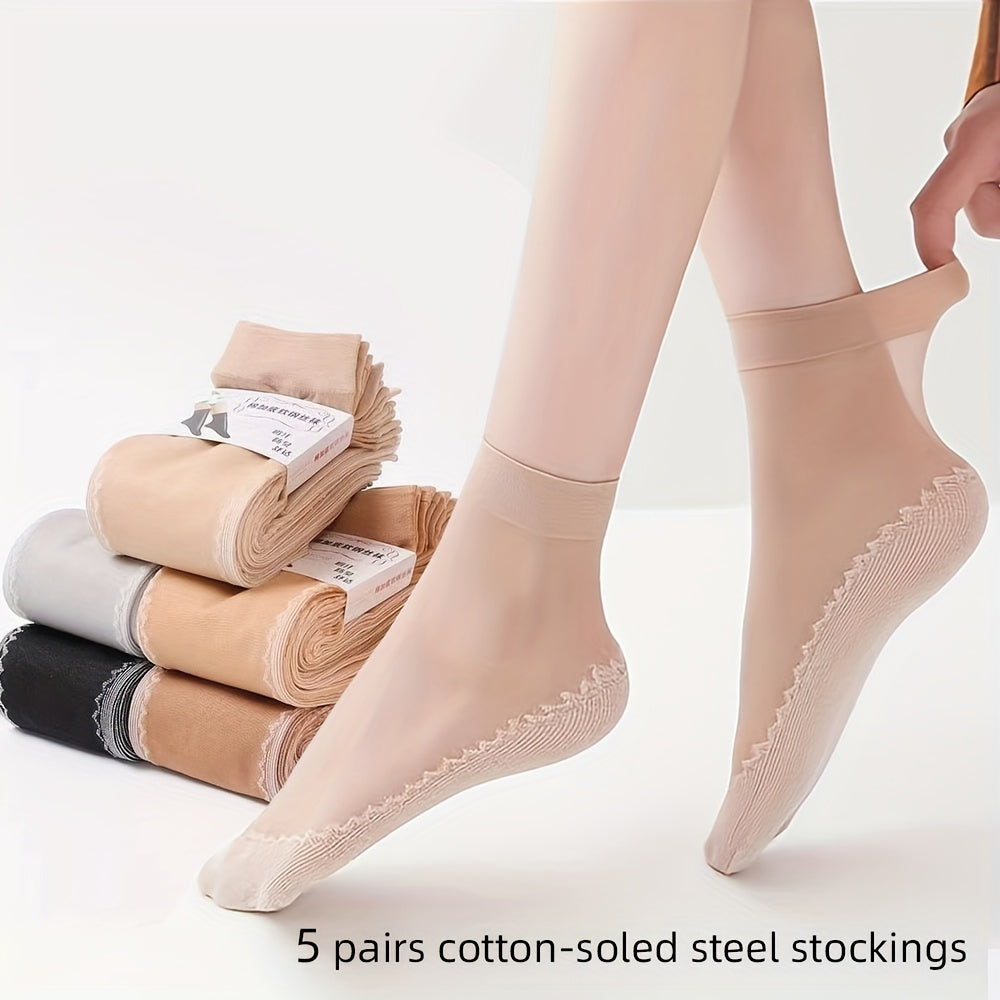 Women’s Knee-High Semi-Sheer Socks 5 Pairs Non-Slip Breathable Polyester