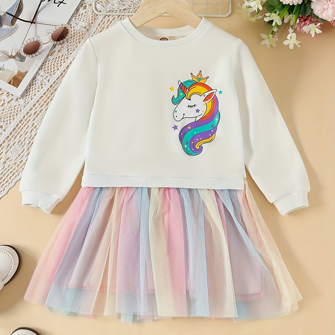 Girls Rainbow Tutu Dress with Unicorn Print Long Sleeve Midi Autumn Spring