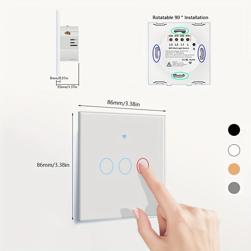 Smart Touch Wall Switch WiFi App Control Tempered Glass 86mm Single or Zero Wire Replacement in White or Golden