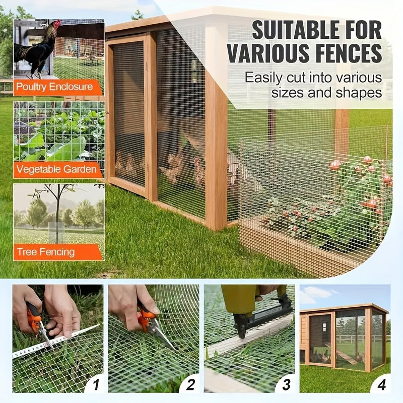 1700 sm / 669,29 dyuym galvanizli payvandlangan to'rning bir rolik, tovuq uylarida, bog'larda, uy hayvonlari to'siqlarida va daraxtlarni himoya qilishda turli qo'llanmalar uchun mos keladi. Kesish oson.