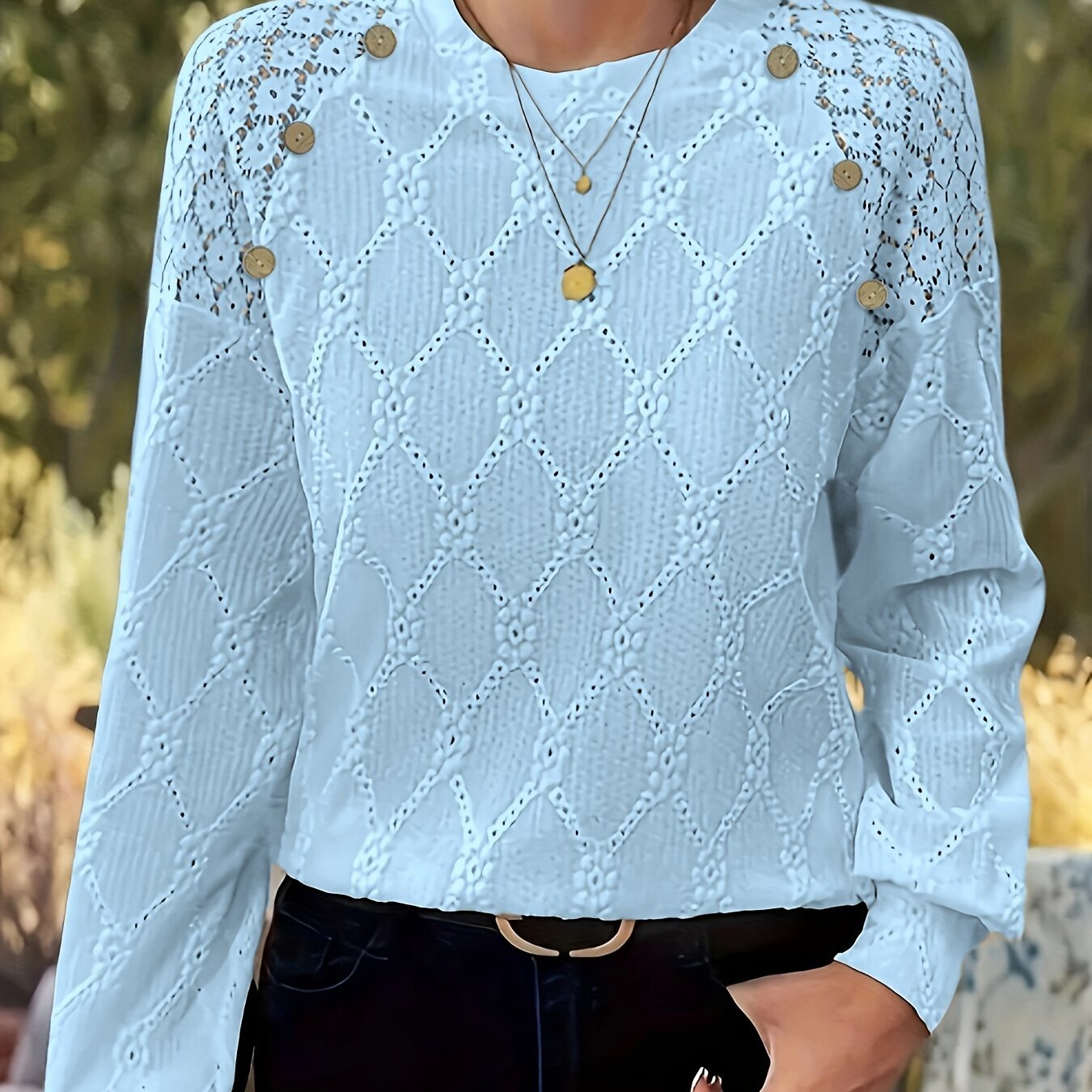 Women's Lace Stitching Eyelet Top with Lantern Sleeves Crew Neck Elegant Knit Fabric